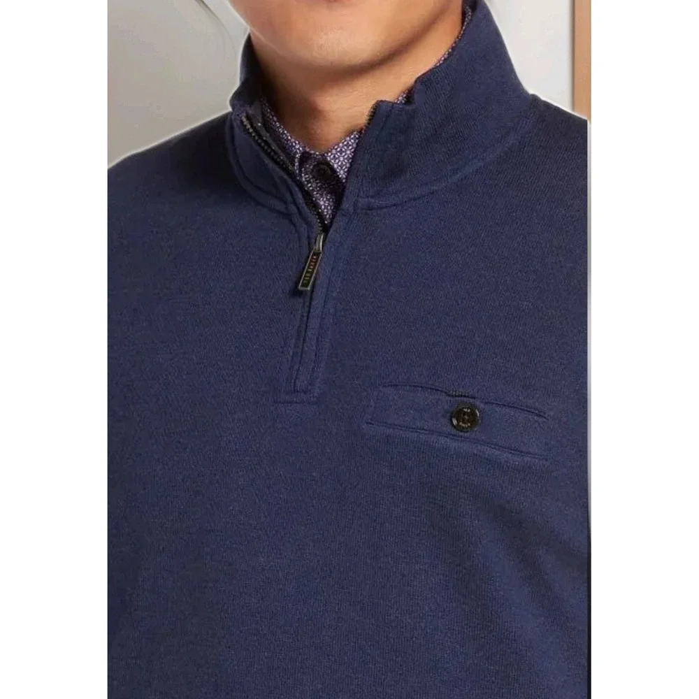 Ted Baker Men's Pullover Small Wool‎ Blend 1/4 Zip Sweater Navy Long Sleeve NWOT